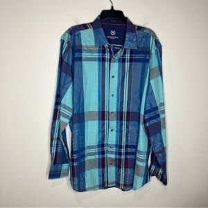 Bugatchi long sleeve button down shirt blue plaid paisley print classic fit XL